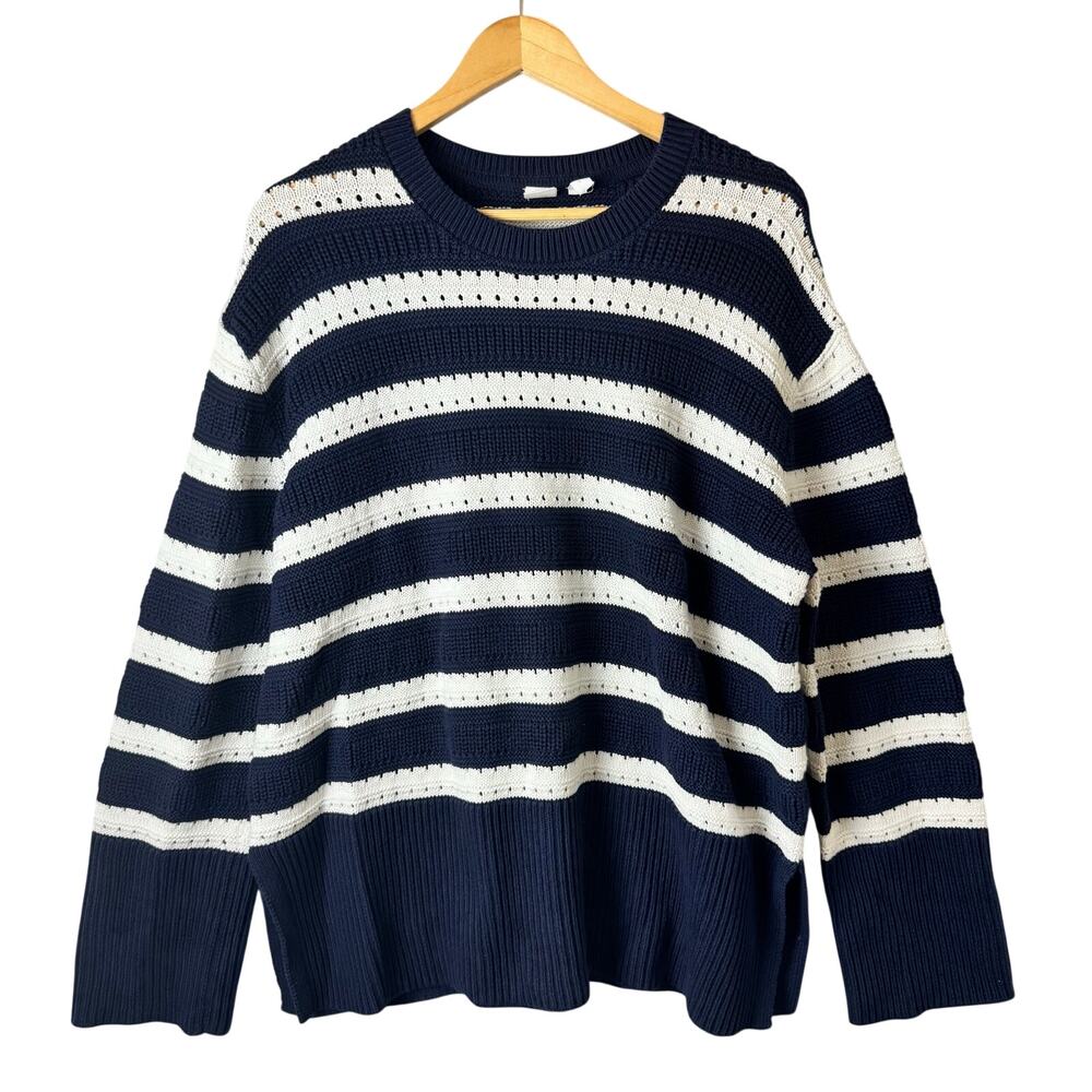 GAP Sweater Women's 100% Cotton Striped Navy White Crewneck Preppy Nautical